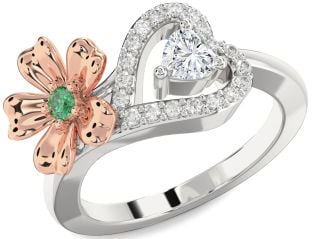 Diamond Emerald Platinum & Rose Gold Flower Heart Two Stone Birthstone Ring