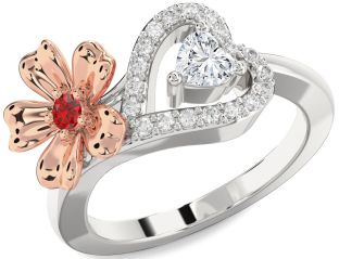 Diamond Emerald Platinum & Rose Gold Flower Heart Two Stone Birthstone Ring