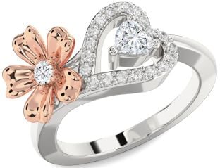 Diamond Silver & 10K Rose Gold Flower Heart Two Stone Ring