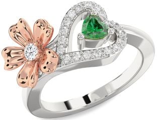 Diamond Rose Gold Silver Flower Heart Two Stone Promise Ring