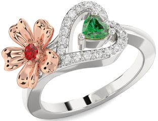 Diamond Emerald Platinum & Rose Gold Flower Heart Two Stone Birthstone Ring