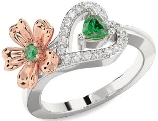 Diamond Emerald Platinum & Rose Gold Flower Heart Two Stone Birthstone Ring