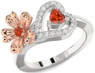Diamond Emerald Platinum & Rose Gold Flower Heart Two Stone Birthstone Ring