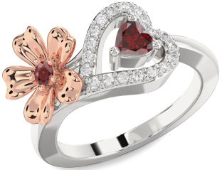 Diamond Emerald Platinum & Rose Gold Flower Heart Two Stone Birthstone Ring
