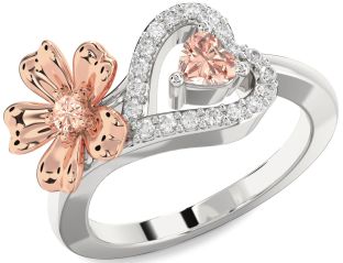 Diamond Emerald Platinum & Rose Gold Flower Heart Two Stone Birthstone Ring