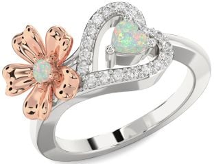 Diamond Emerald Platinum & Rose Gold Flower Heart Two Stone Birthstone Ring