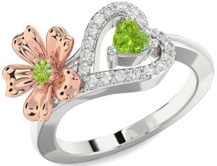 Diamond Emerald Platinum & Rose Gold Flower Heart Two Stone Birthstone Ring