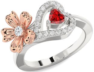 Diamond Rose Gold Silver Flower Heart Two Stone Promise Ring
