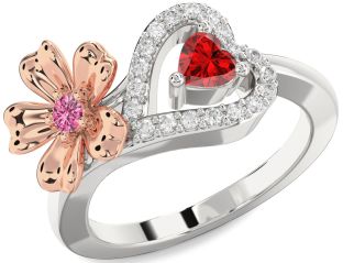 Diamond Emerald Platinum & Rose Gold Flower Heart Two Stone Birthstone Ring