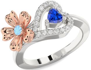 Diamond Silver & 10K Rose Gold Flower Heart Two Stone Promise Ring