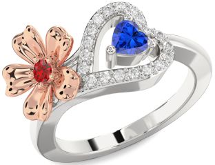 Diamond Emerald Platinum & Rose Gold Flower Heart Two Stone Birthstone Ring
