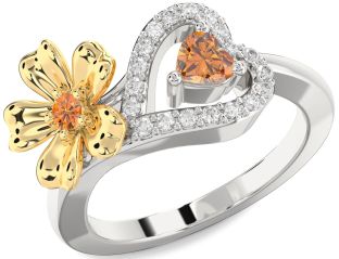 Diamond Emerald Platinum & Yellow Gold Flower Heart Two Stone Birthstone Ring