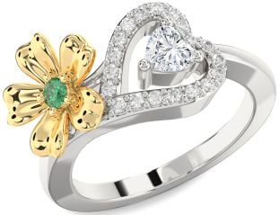 Diamond Emerald Platinum & Yellow Gold Flower Heart Two Stone Birthstone Ring