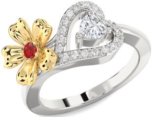 Diamond Emerald Platinum & Yellow Gold Flower Heart Two Stone Birthstone Ring