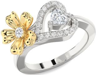 Diamond Silver & 10K gold Flower Heart Two Stone Ring