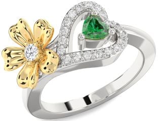 Diamond Gold Silver Flower Heart Two Stone Promise Ring