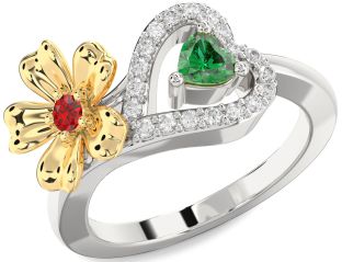 Diamond Emerald Platinum & Yellow Gold Flower Heart Two Stone Birthstone Ring