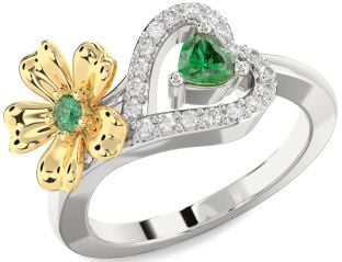 Diamond Emerald Platinum & Yellow Gold Flower Heart Two Stone Birthstone Ring