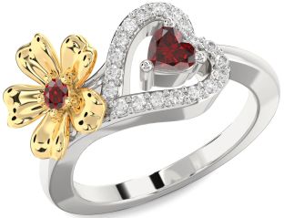 Diamond Emerald Platinum & Yellow Gold Flower Heart Two Stone Birthstone Ring