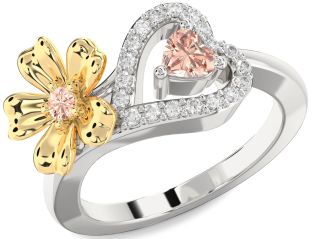 Diamond Emerald Platinum & Yellow Gold Flower Heart Two Stone Birthstone Ring