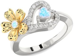 Diamond Emerald Platinum & Yellow Gold Flower Heart Two Stone Birthstone Ring