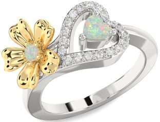 Diamond Emerald Platinum & Yellow Gold Flower Heart Two Stone Birthstone Ring