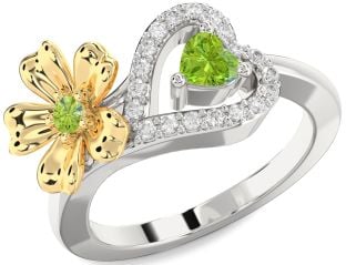 Diamond Emerald Platinum & Yellow Gold Flower Heart Two Stone Birthstone Ring