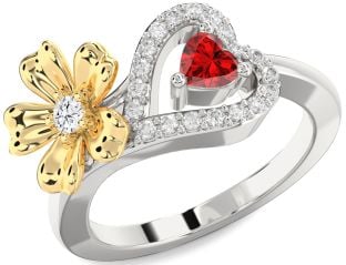 Diamond Gold Silver Flower Heart Two Stone Promise Ring