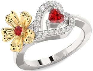 Diamond Emerald Platinum & Yellow Gold Flower Heart Two Stone Birthstone Ring