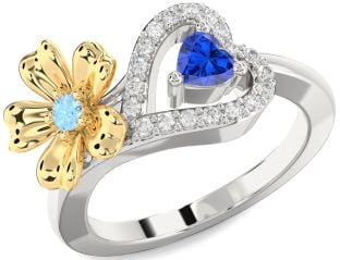 Diamond Silver & 10K gold Flower Heart Two Stone Promise Ring