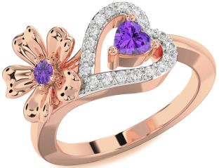 Diamond Emerald Rose Gold Flower Heart Two Stone Birthstone Ring