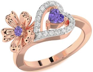 Diamond Emerald Rose Gold Flower Heart Two Stone Birthstone Ring