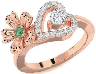 Diamond Emerald Rose Gold Flower Heart Two Stone Birthstone Ring