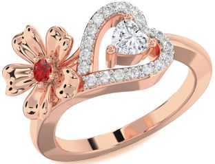 Diamond Emerald Rose Gold Flower Heart Two Stone Birthstone Ring