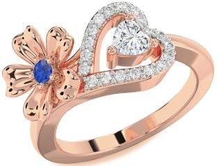 Diamond Rose Gold Silver Flower Heart Two Stone Promise Ring