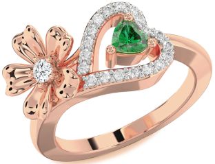 Diamond Rose Gold Silver Flower Heart Two Stone Promise Ring