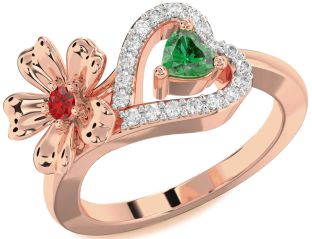 Diamond Emerald Rose Gold Flower Heart Two Stone Birthstone Ring