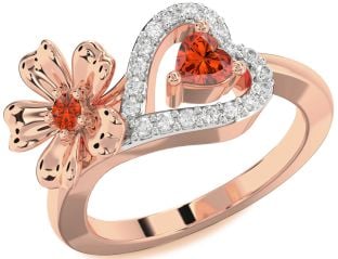 Diamond Emerald Rose Gold Flower Heart Two Stone Birthstone Ring