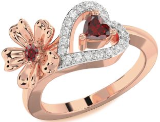 Diamond Emerald Rose Gold Flower Heart Two Stone Birthstone Ring