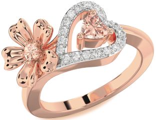 Diamond Emerald Rose Gold Flower Heart Two Stone Birthstone Ring