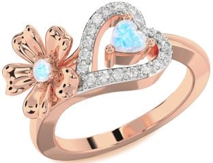 Diamond Emerald Rose Gold Flower Heart Two Stone Birthstone Ring