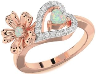 Diamond Emerald Rose Gold Flower Heart Two Stone Birthstone Ring