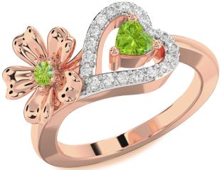 Diamond Emerald Rose Gold Flower Heart Two Stone Birthstone Ring