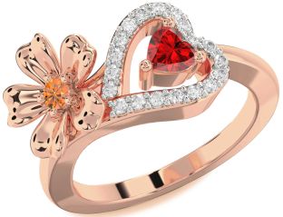 Diamond Emerald Rose Gold Flower Heart Two Stone Birthstone Ring