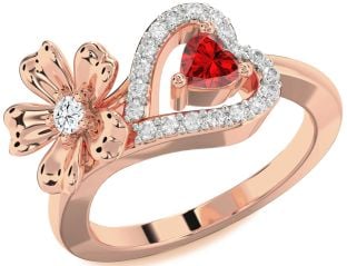Diamond Rose Gold Silver Flower Heart Two Stone Promise Ring