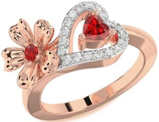 Diamond Emerald Rose Gold Flower Heart Two Stone Birthstone Ring