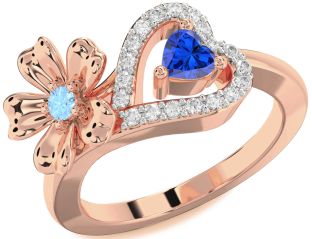 Diamond Rose Gold Silver Flower Heart Two Stone Promise Ring