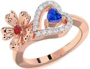 Diamond Emerald Rose Gold Flower Heart Two Stone Birthstone Ring