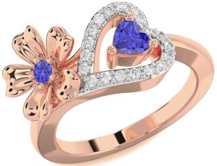 Diamond Emerald Rose Gold Flower Heart Two Stone Birthstone Ring