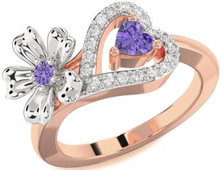 Diamond Emerald Platinum & Rose Gold Flower Heart Two Stone Birthstone Ring